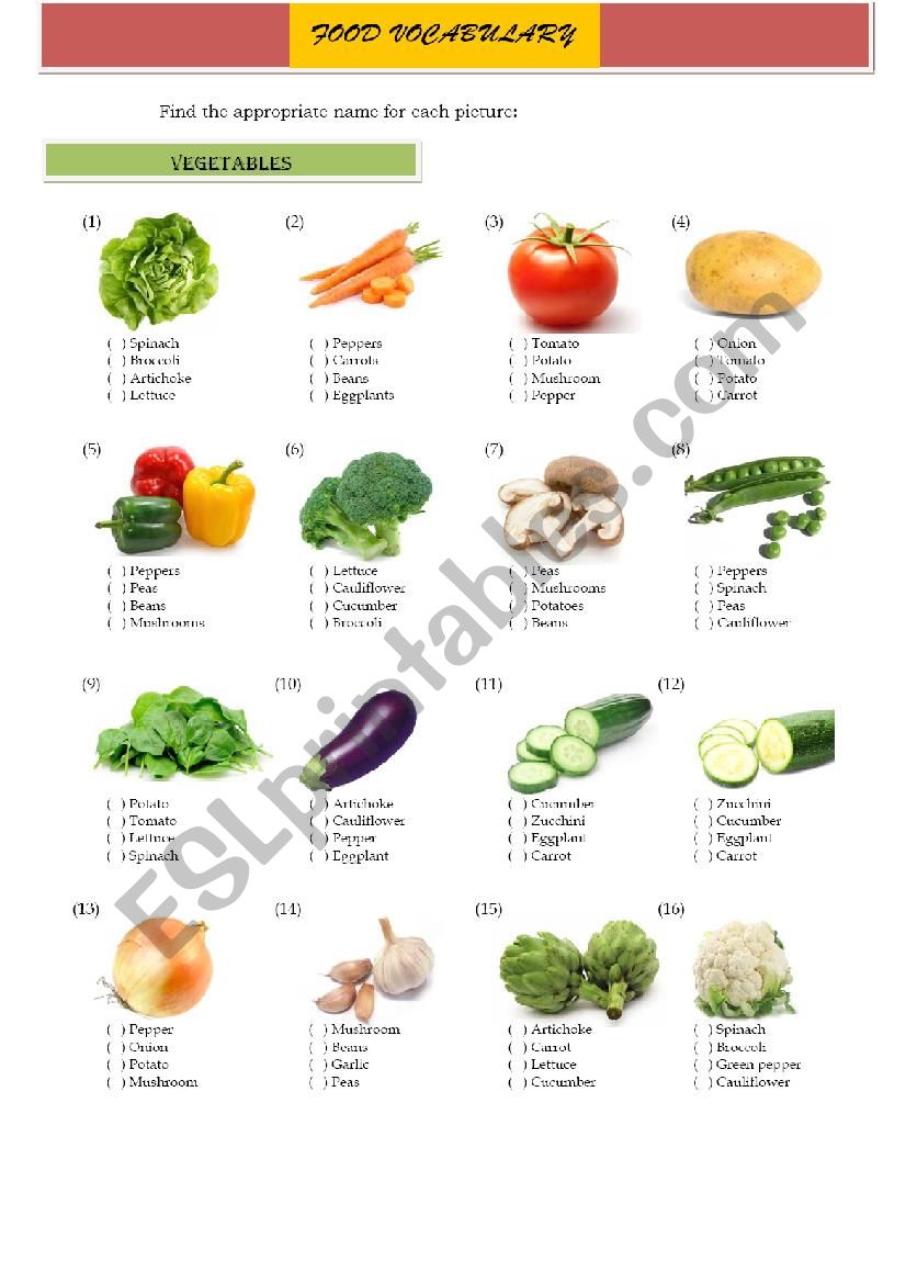 Food Vocabulary - Vegetables worksheet