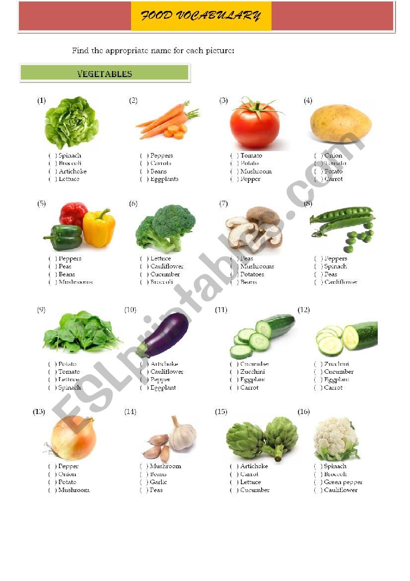 Food Vocabulary - Vegetables worksheet