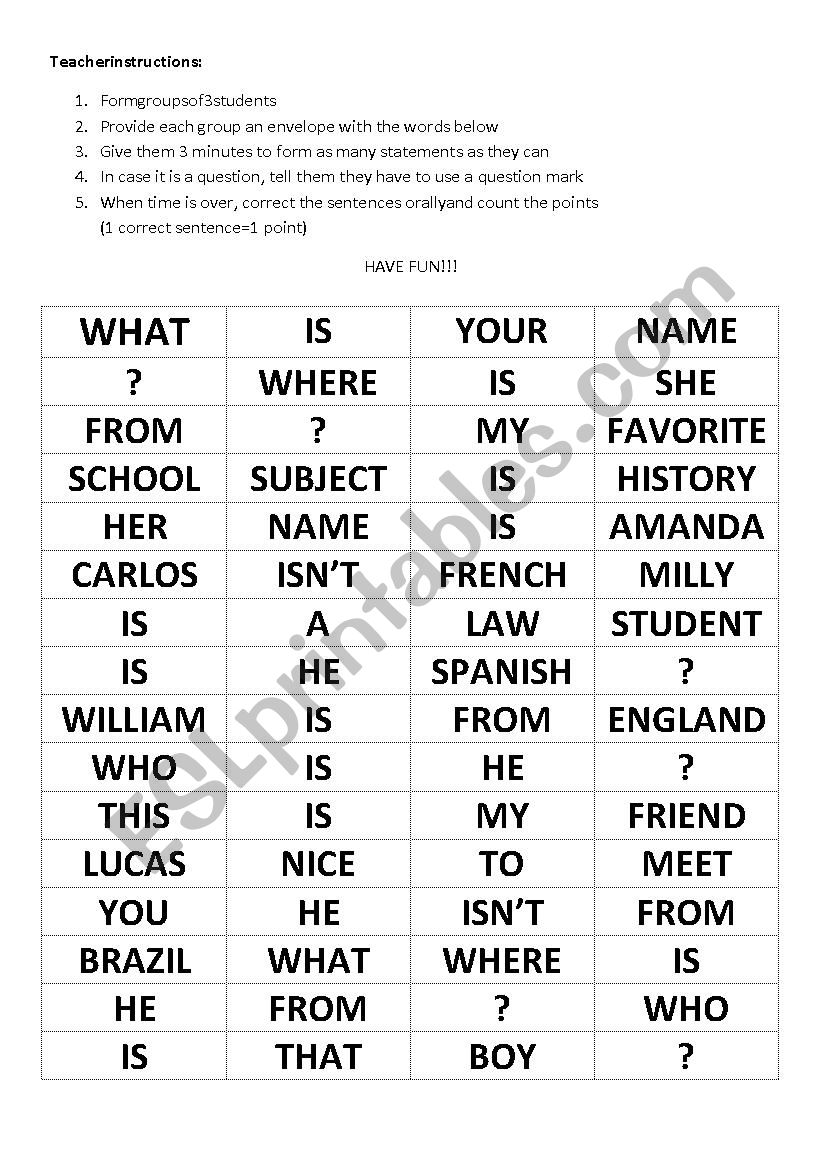 Form Sentences worksheet