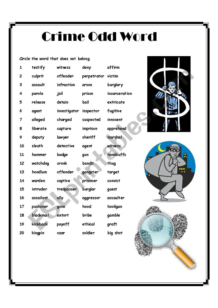 Crime Odd Word Out worksheet