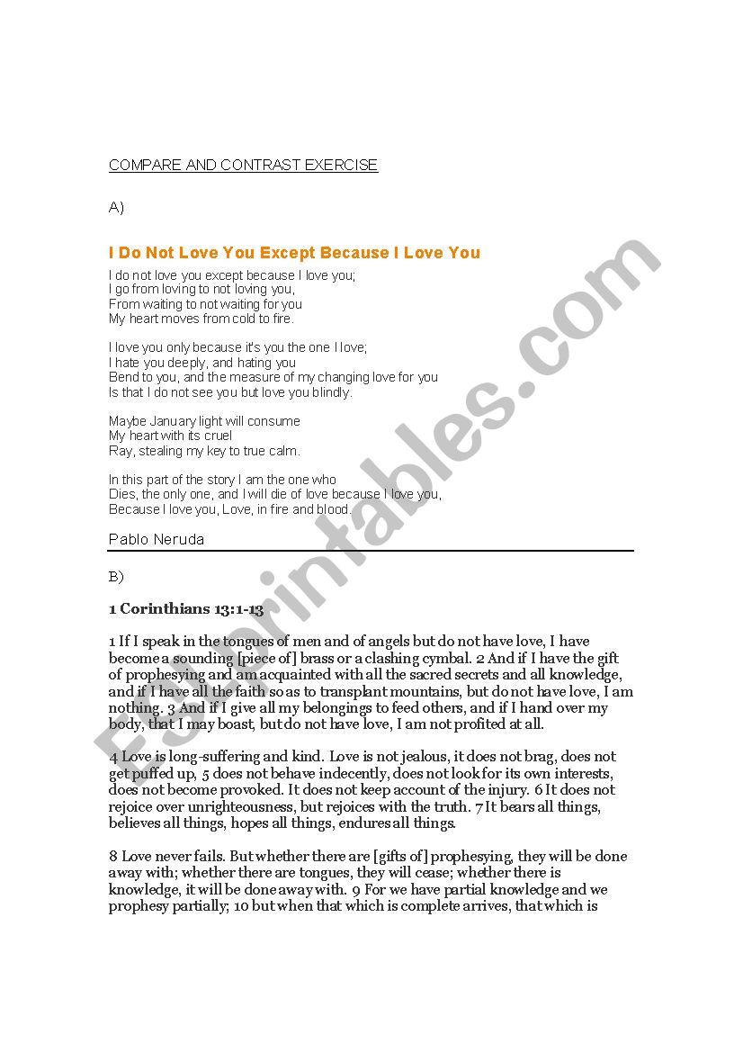 Compare and Contrast Exercise (Advanced ESL)