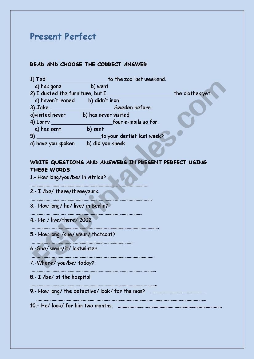 present perfect worksheet