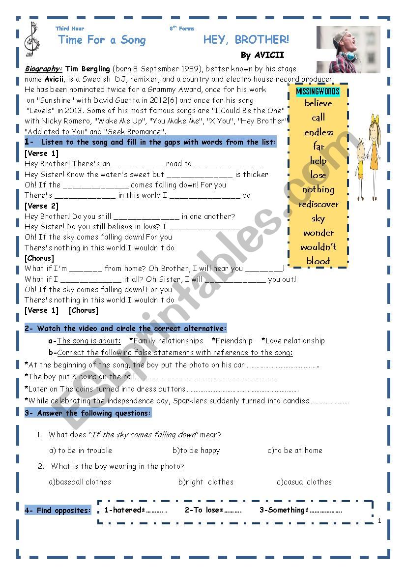 Hey Brother SONG worksheet