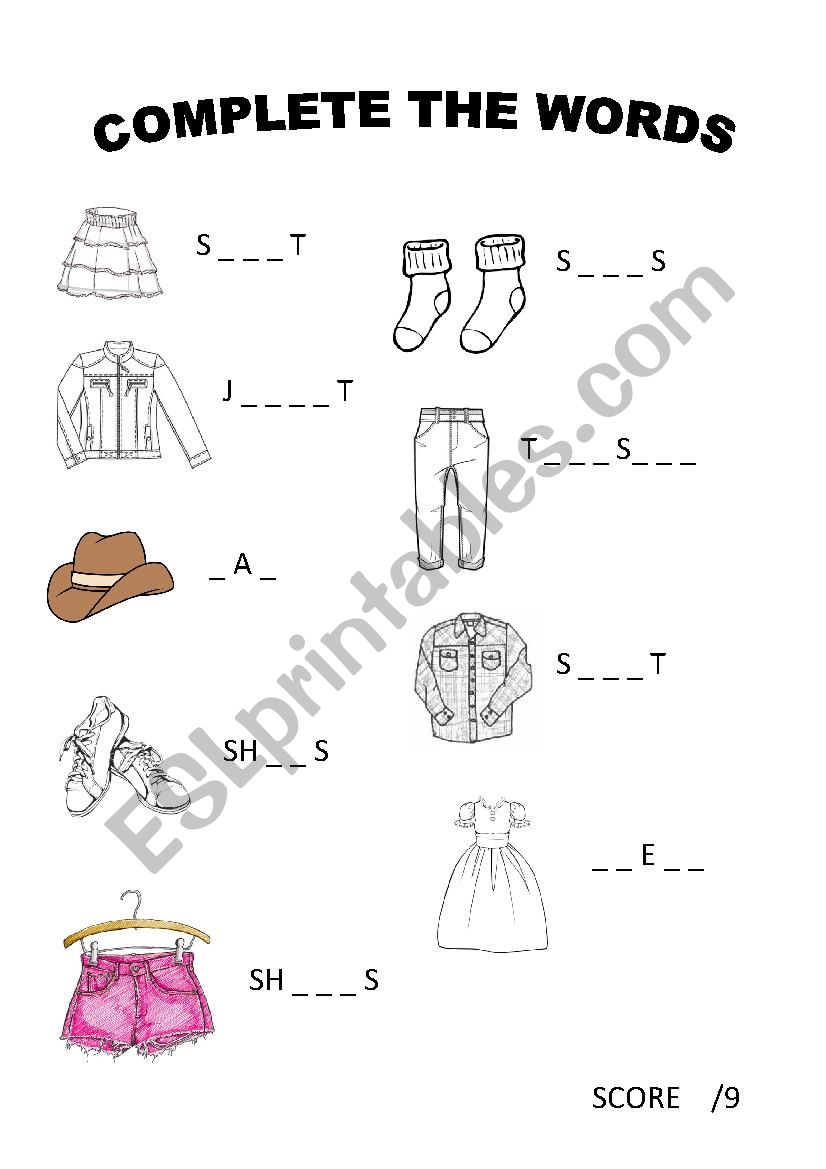 clothes short test worksheet