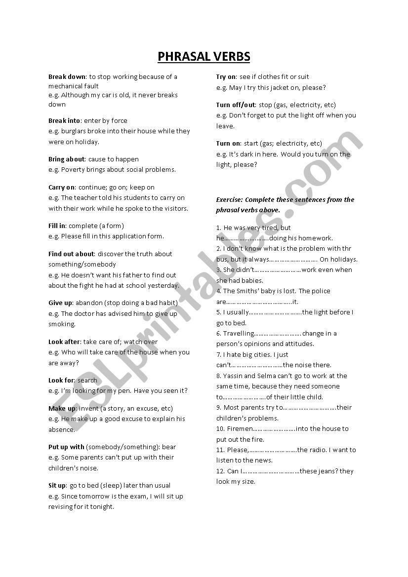 Phrasal verbs and examples worksheet