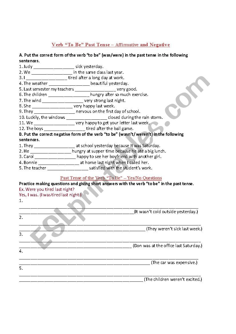 Verb To Be Simple Past worksheet