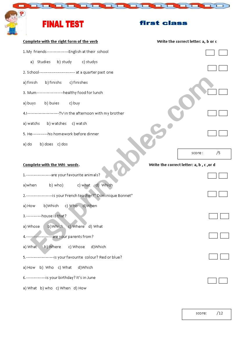 final test level A1 worksheet