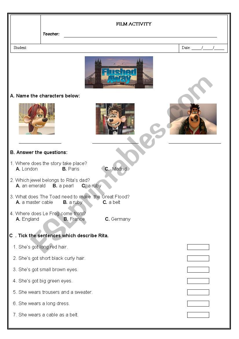 Film Activity - Flushed Away worksheet