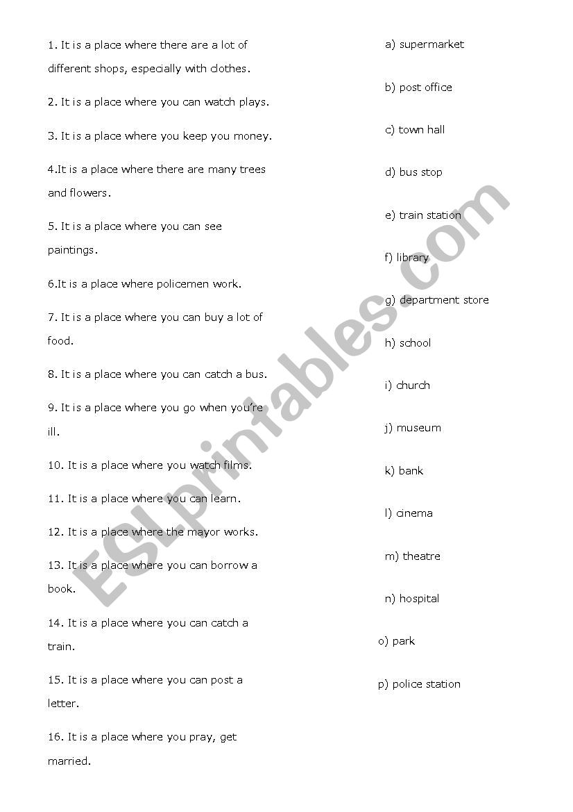 City, town - definitions worksheet