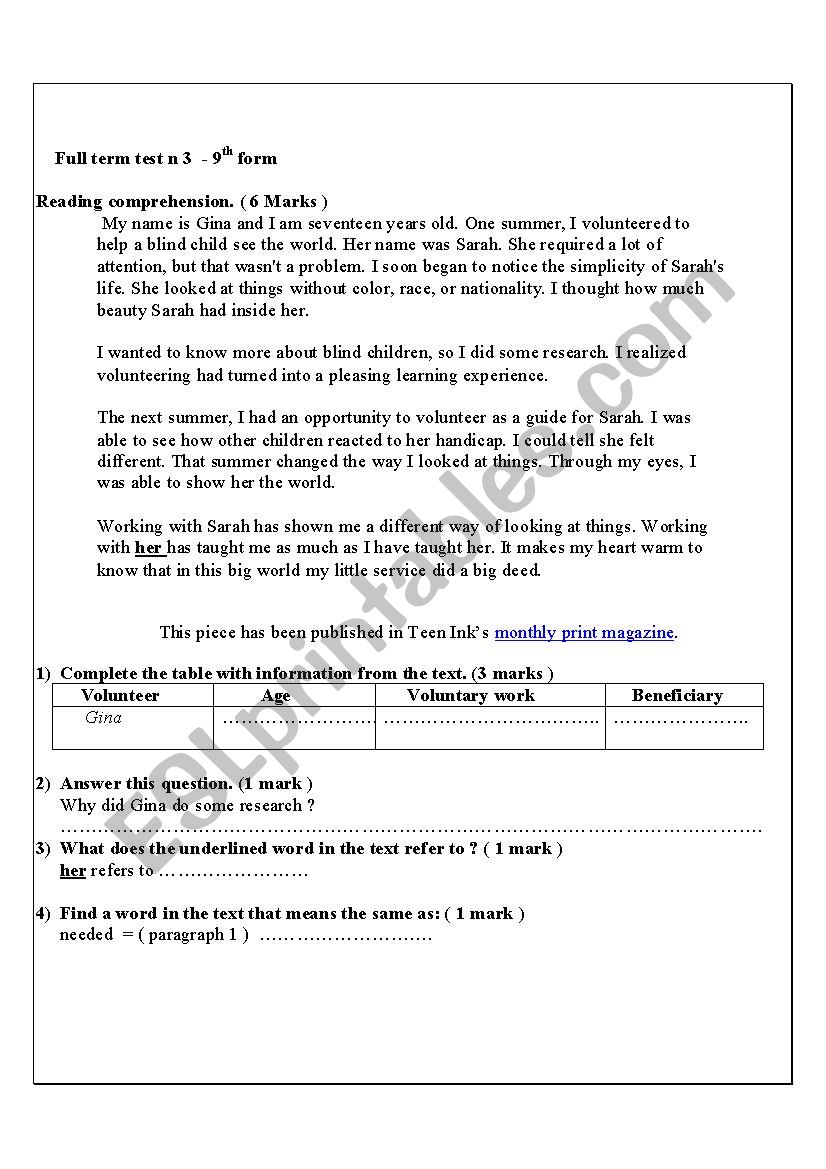 full term test n 3 - 9th form worksheet