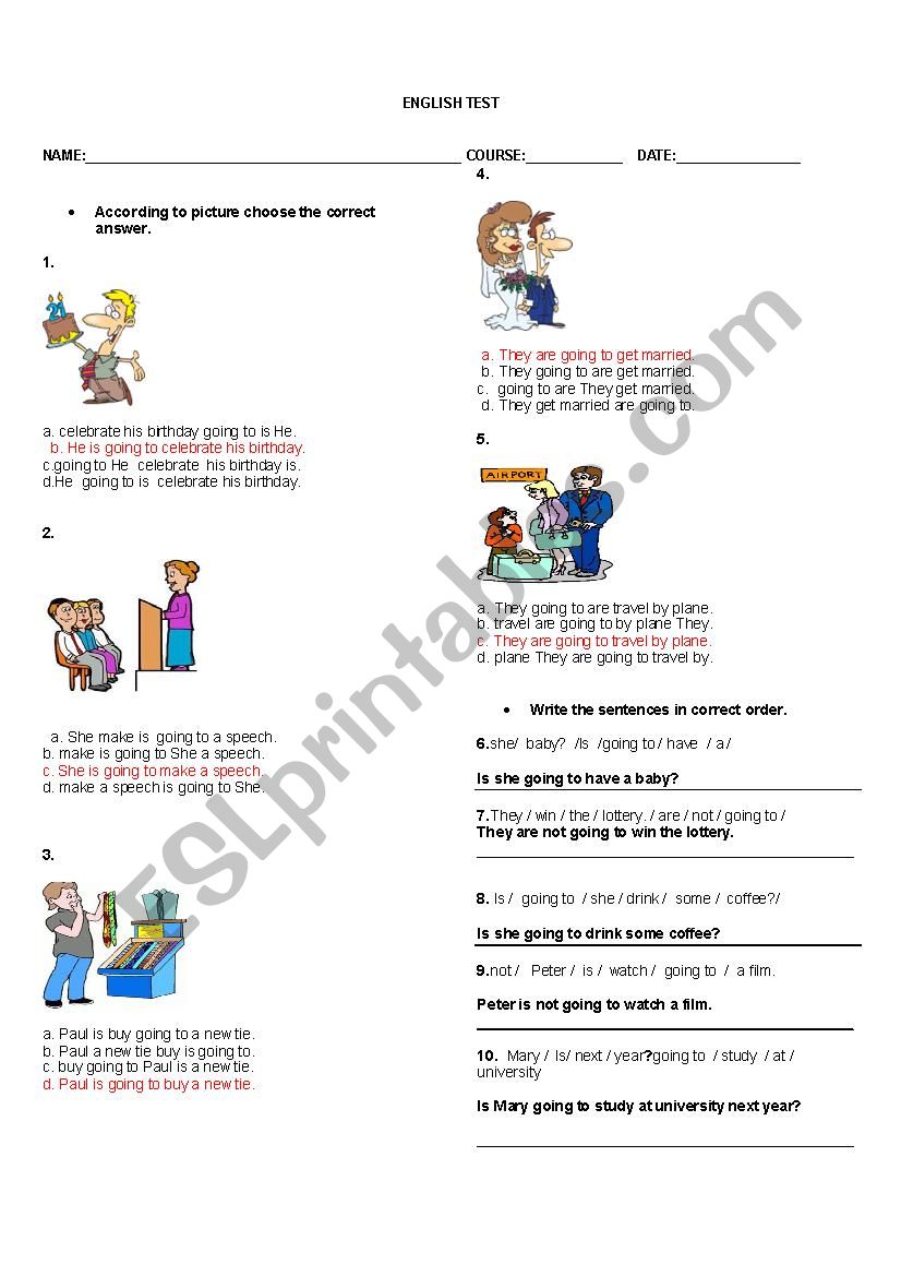 ENGLISH TEST GOING TO  worksheet