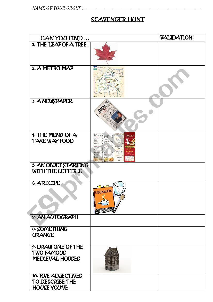 Scavenger Hunt worksheet