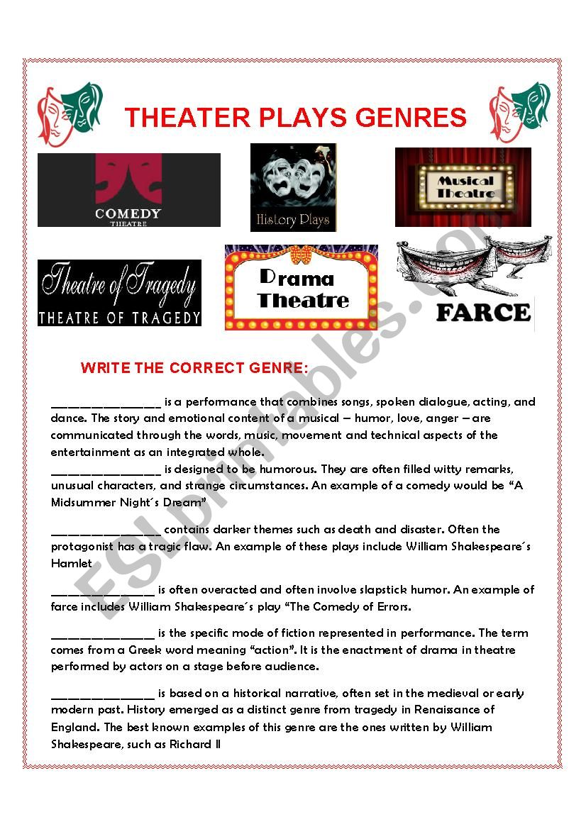 Genres of Theatre Plays worksheet