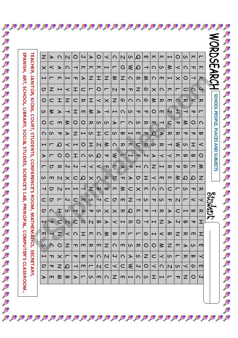 WORDSEARCH: SCHOOL PEOPLE, PLACES AND SUBJECTS 