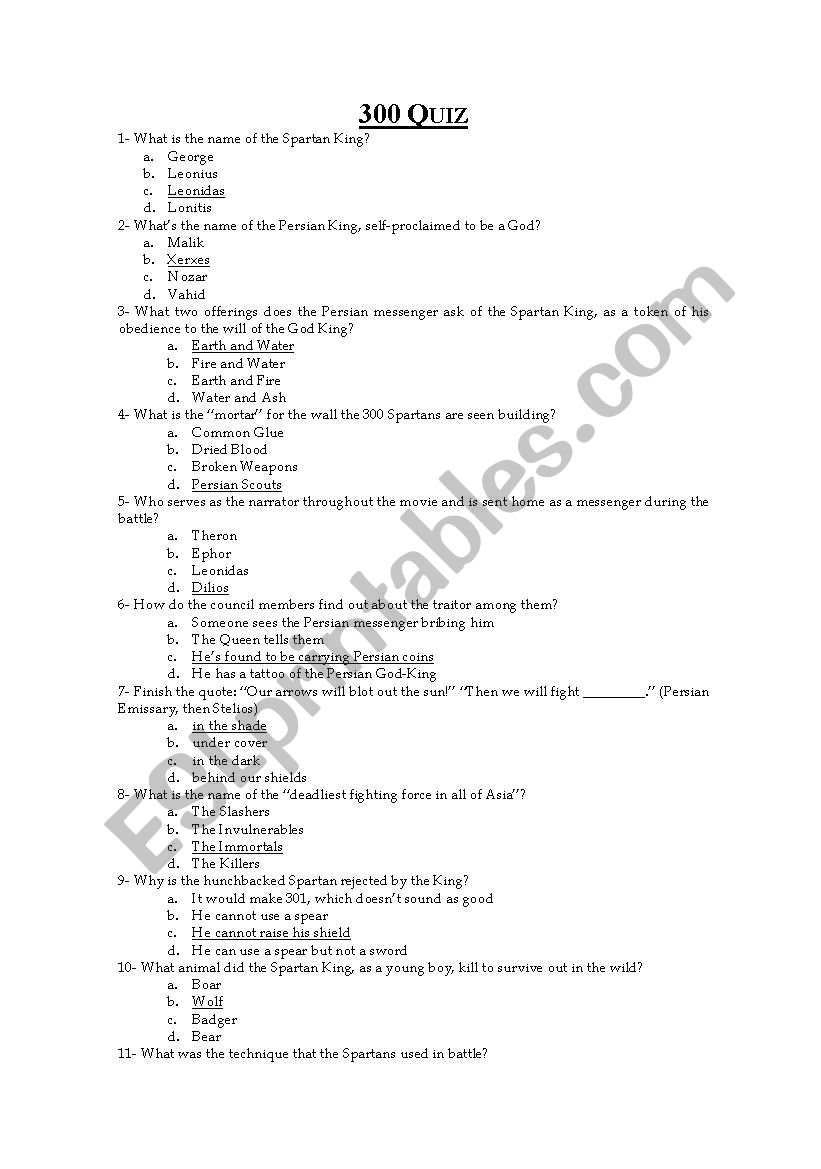 Movie: 300 KEY worksheet