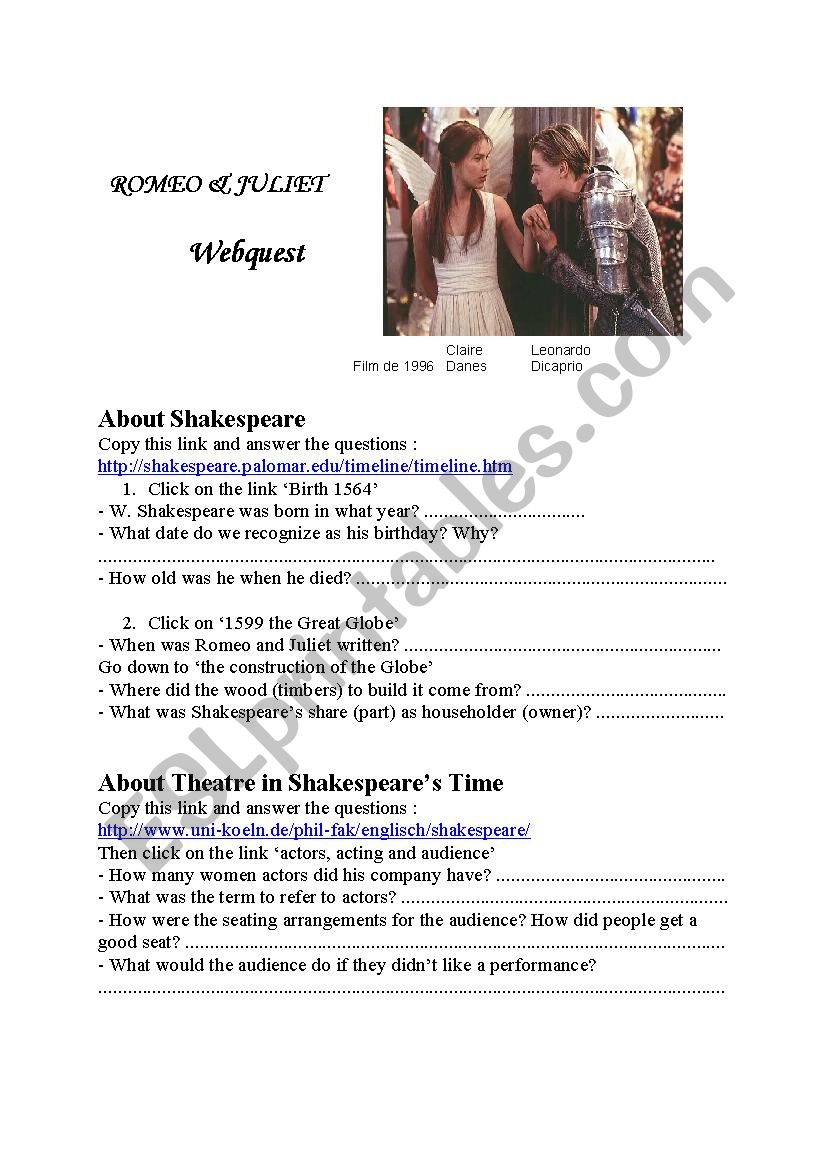 webquest Shakespeare worksheet