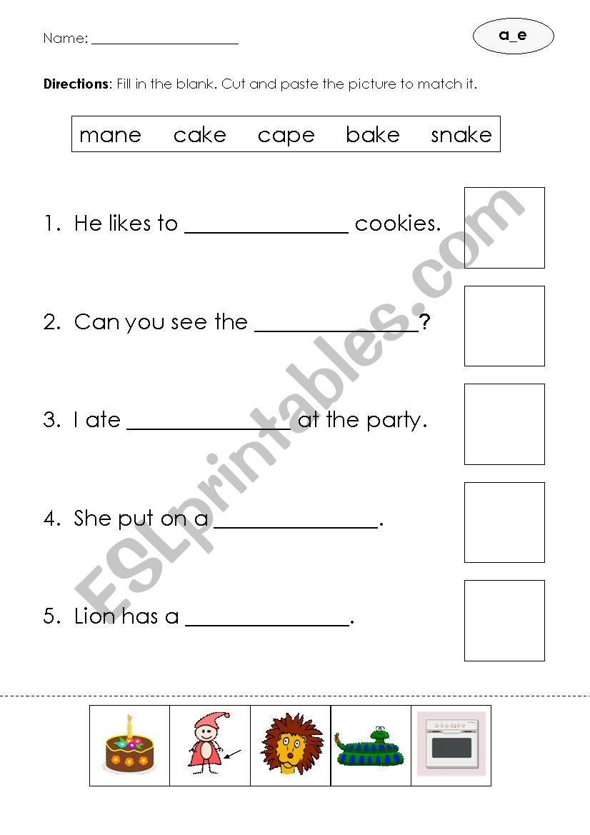 Long vowel Â´aÂ´ worksheet (a_e)