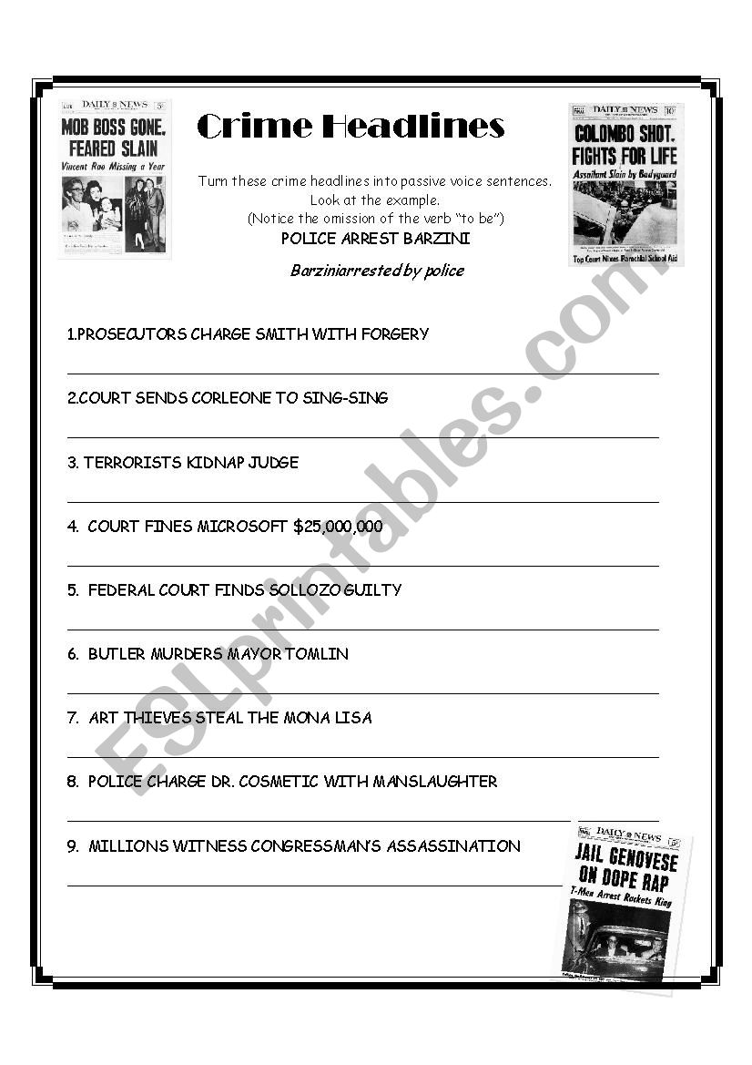 Crime Passive Voice Headlines worksheet