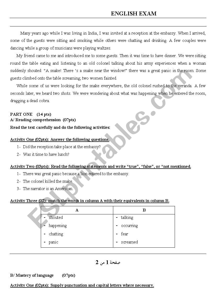 english exam  worksheet