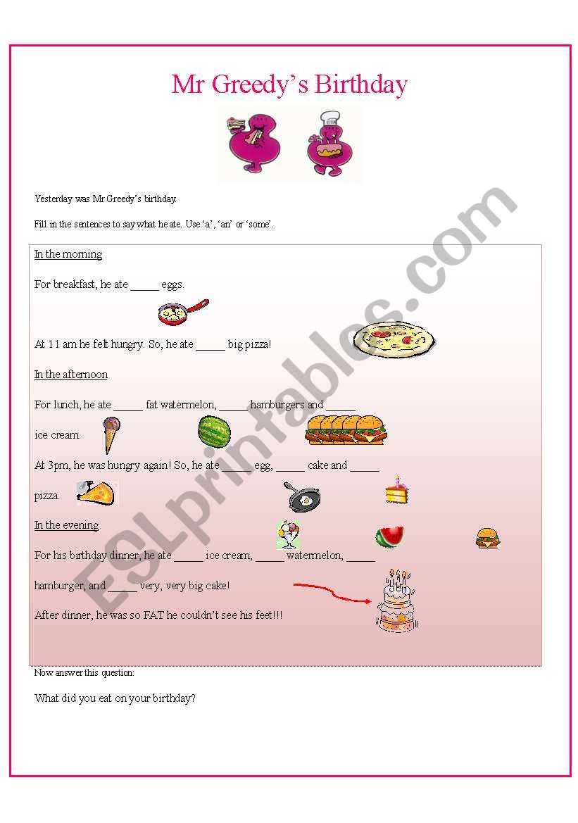 Mr Greedys Birthday - Practising A/An/Some