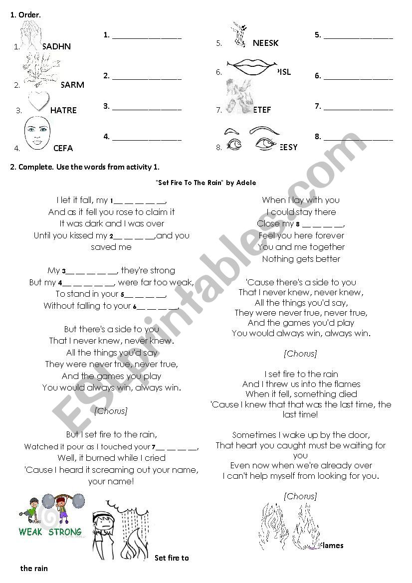 Set Fire To the Rain by Adele worksheet