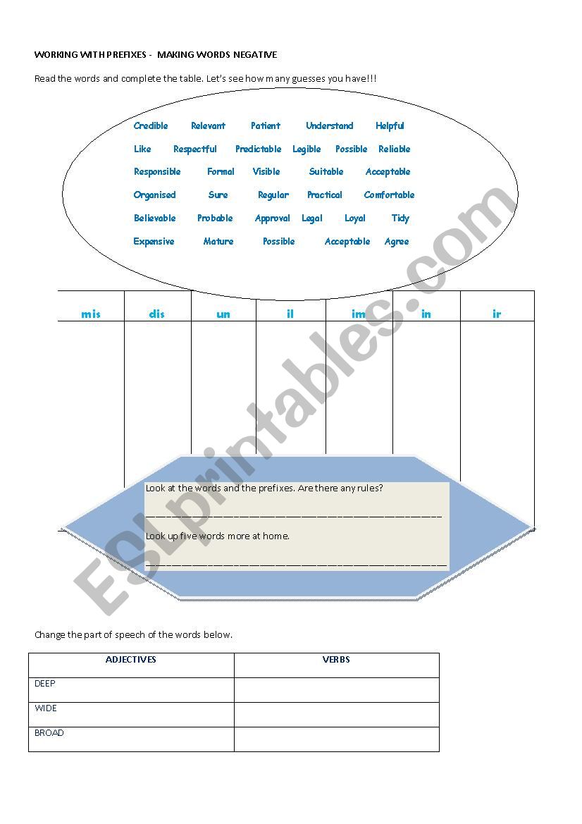 WORKING WITH PREFIXES worksheet