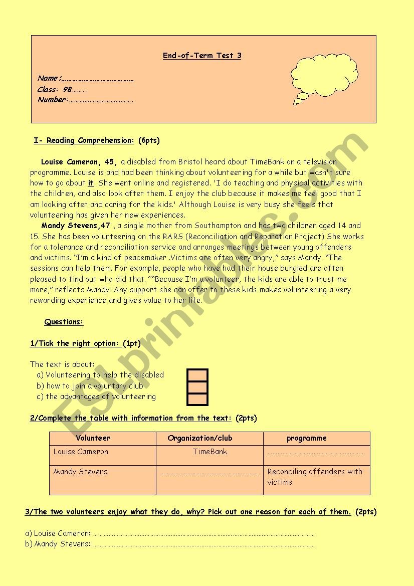 End-of- Term Test 3  9th Form worksheet