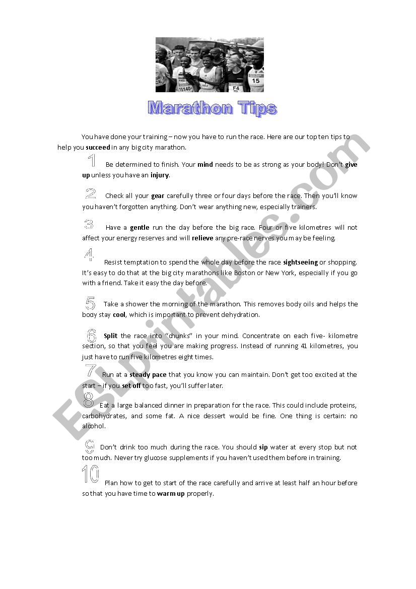 Marathon Tips worksheet