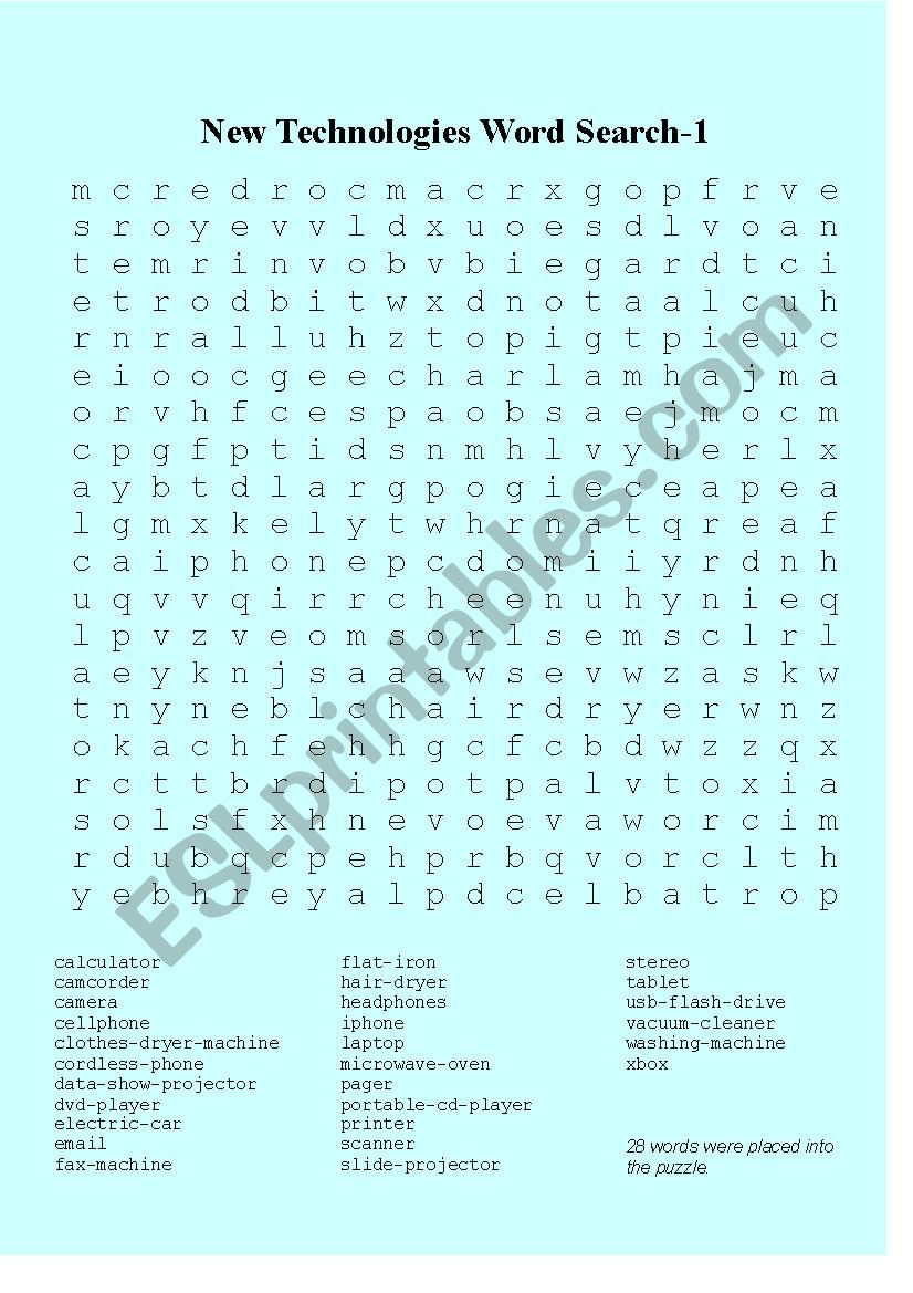 New Technologies Word Search worksheet
