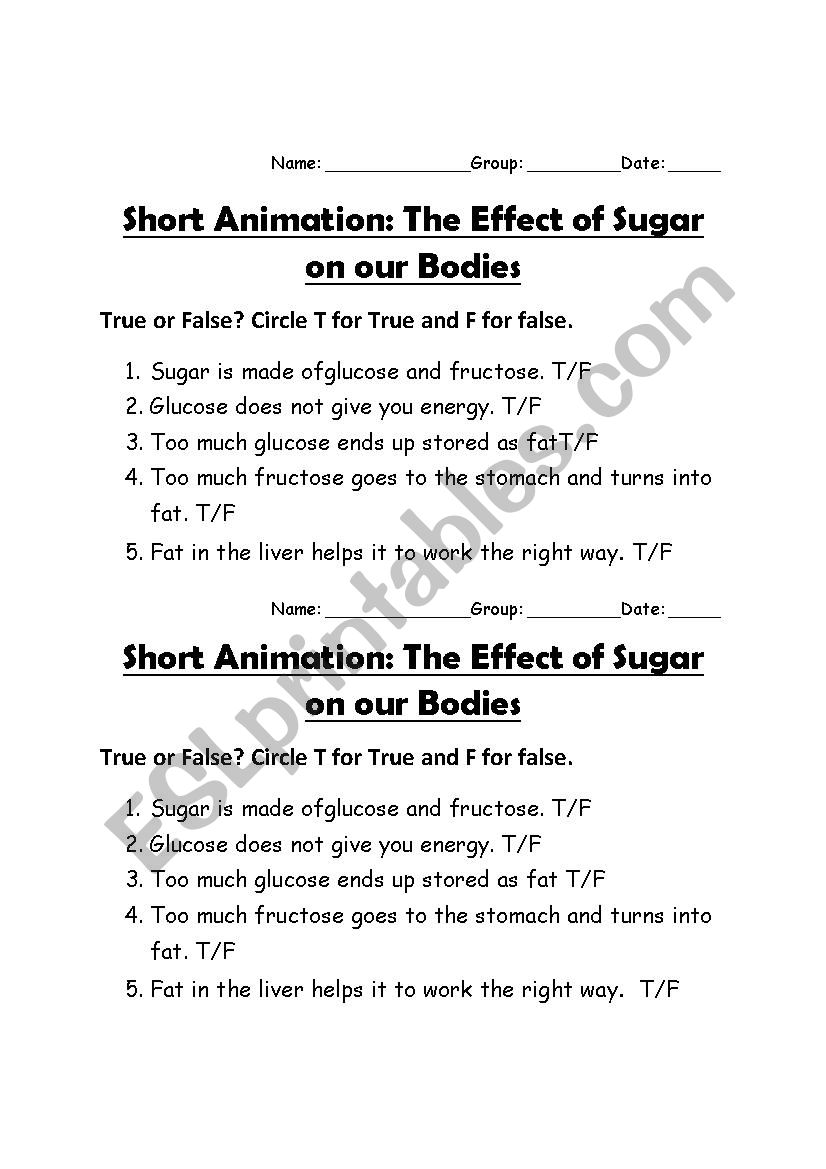 Sugar youtube video comprehension activity 
