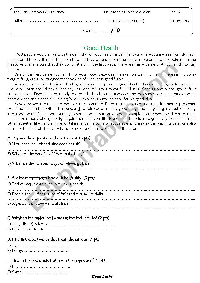 Reading comprehension quiz worksheet