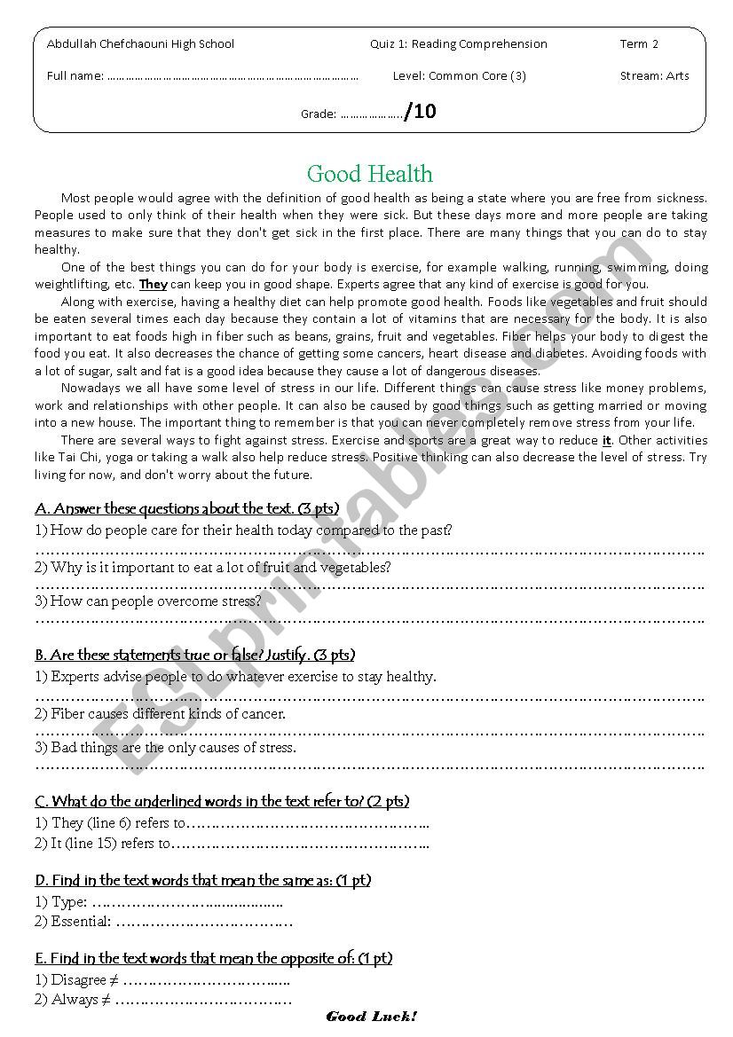 Reading comprehension quiz worksheet