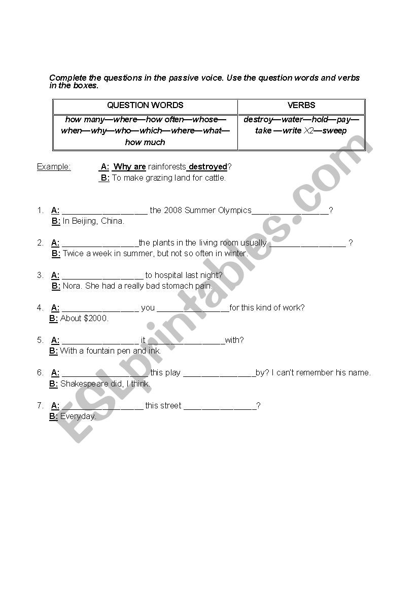 Passive Questions worksheet