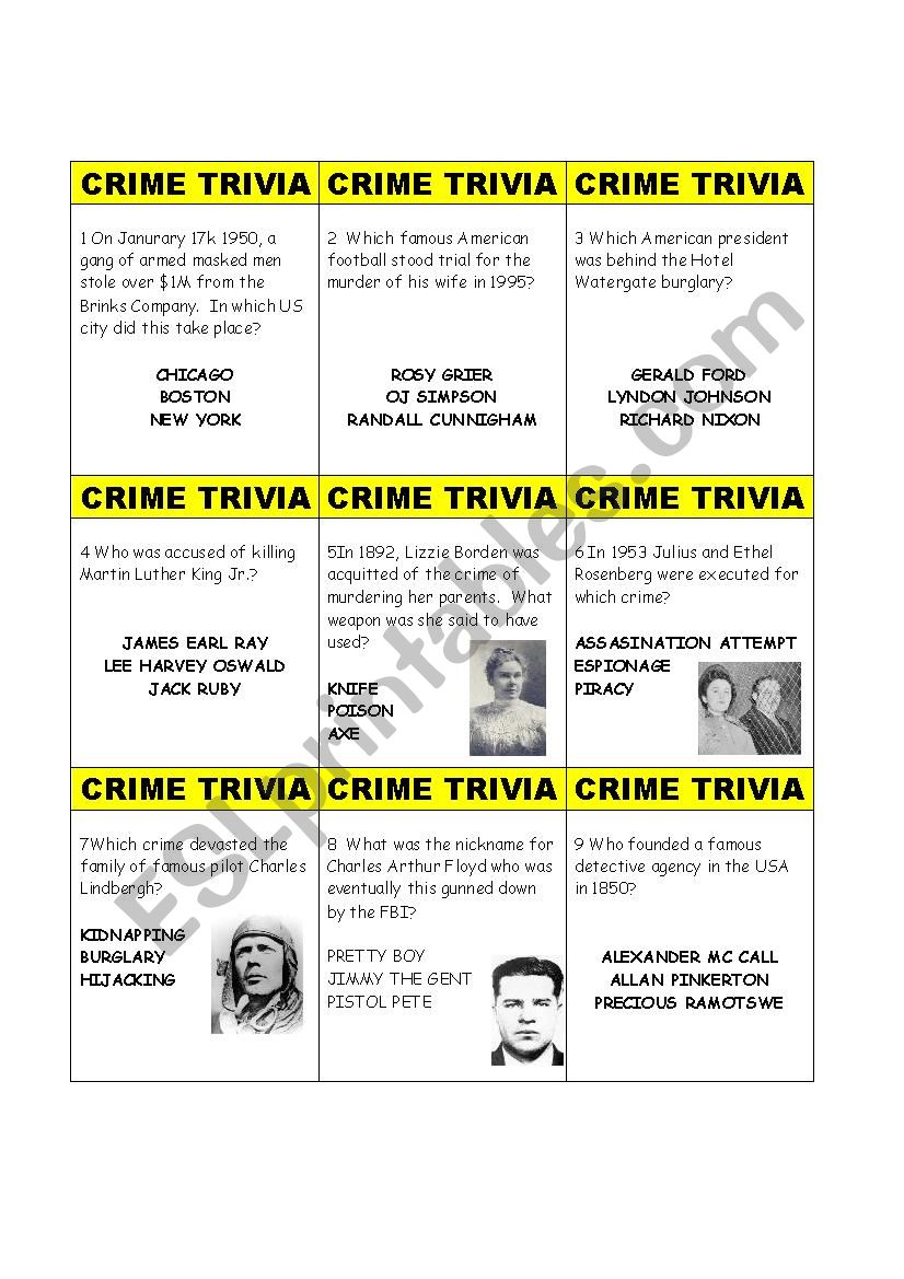 Crime Trivia Card Game worksheet