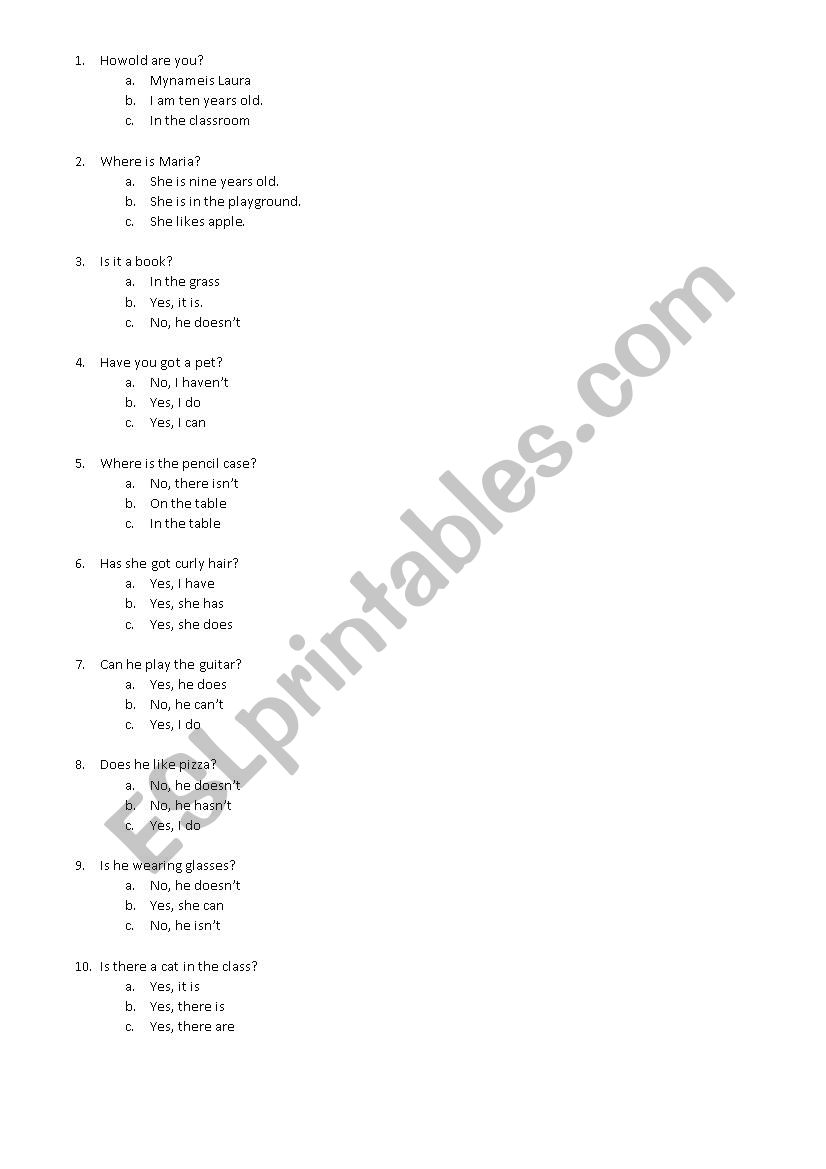 grammar revision:  answers worksheet