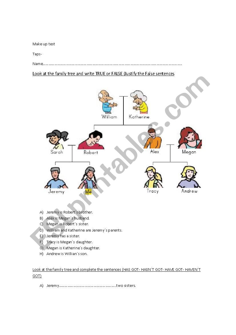 Written test (family) Possessive case and Have got verb