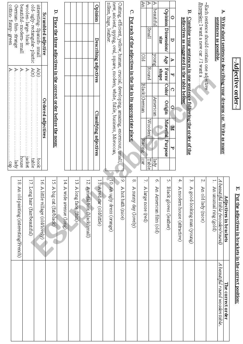 Adjectives order worksheet