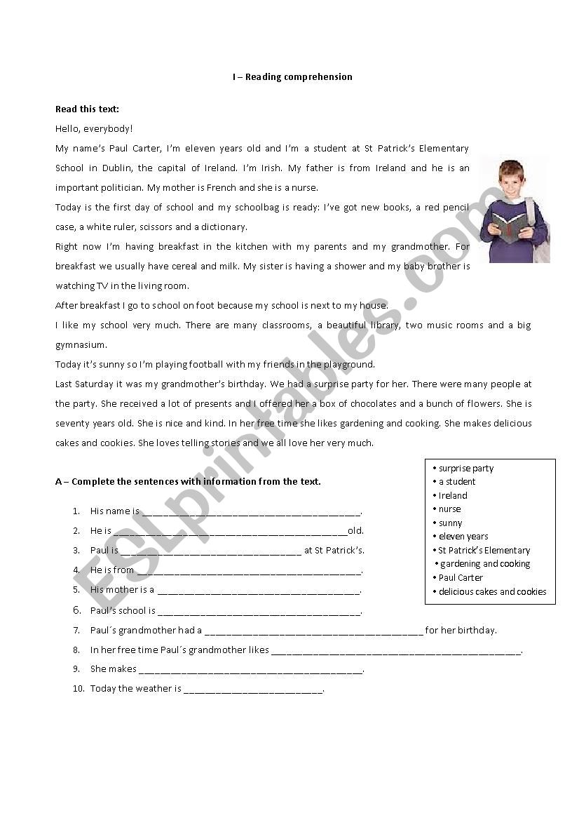 reading comprehension worksheet