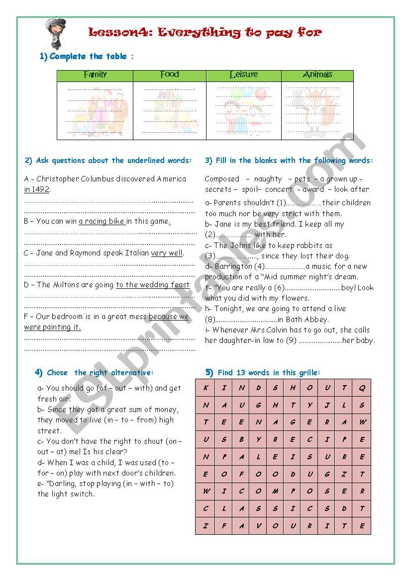 Everything to pay for worksheet