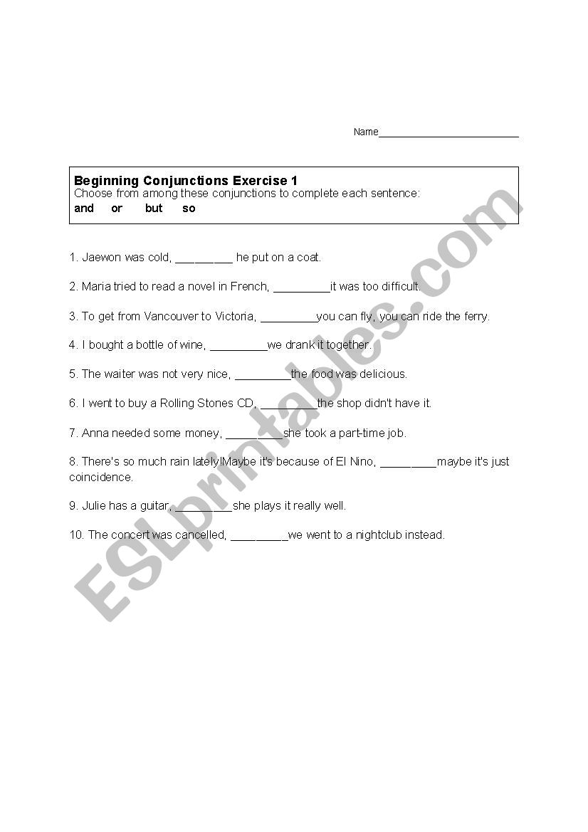 Beginning Conjunctions Ex 1 worksheet