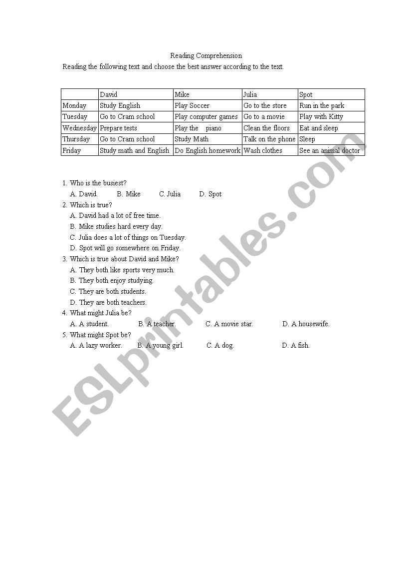 Reading comprehension worksheet