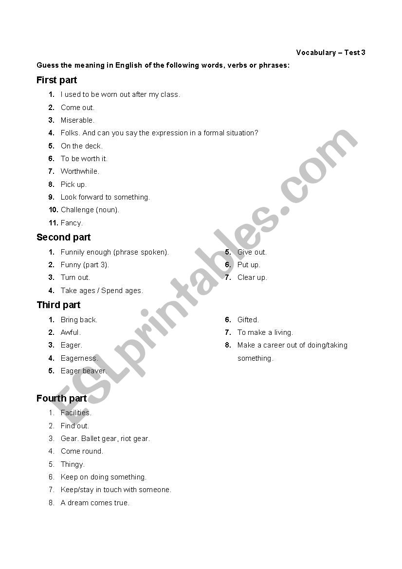 Vocabulary review test 3 worksheet