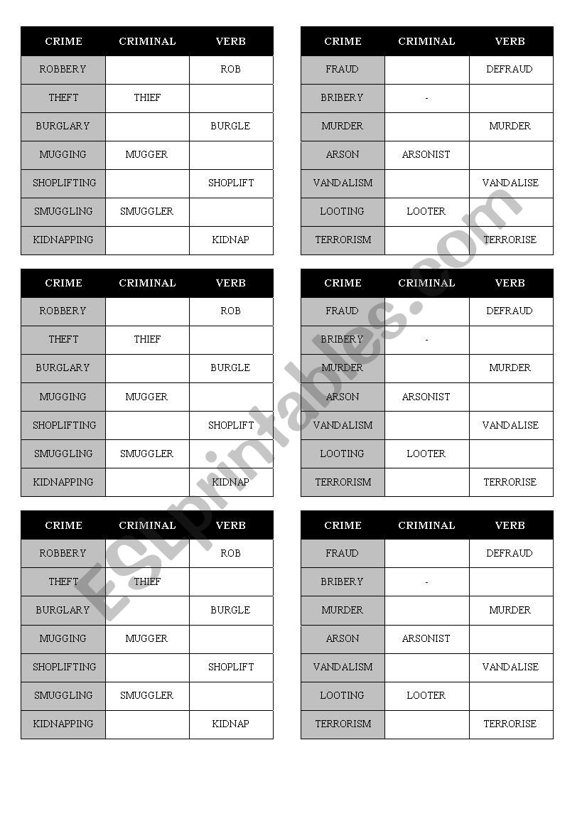 Crimes worksheet