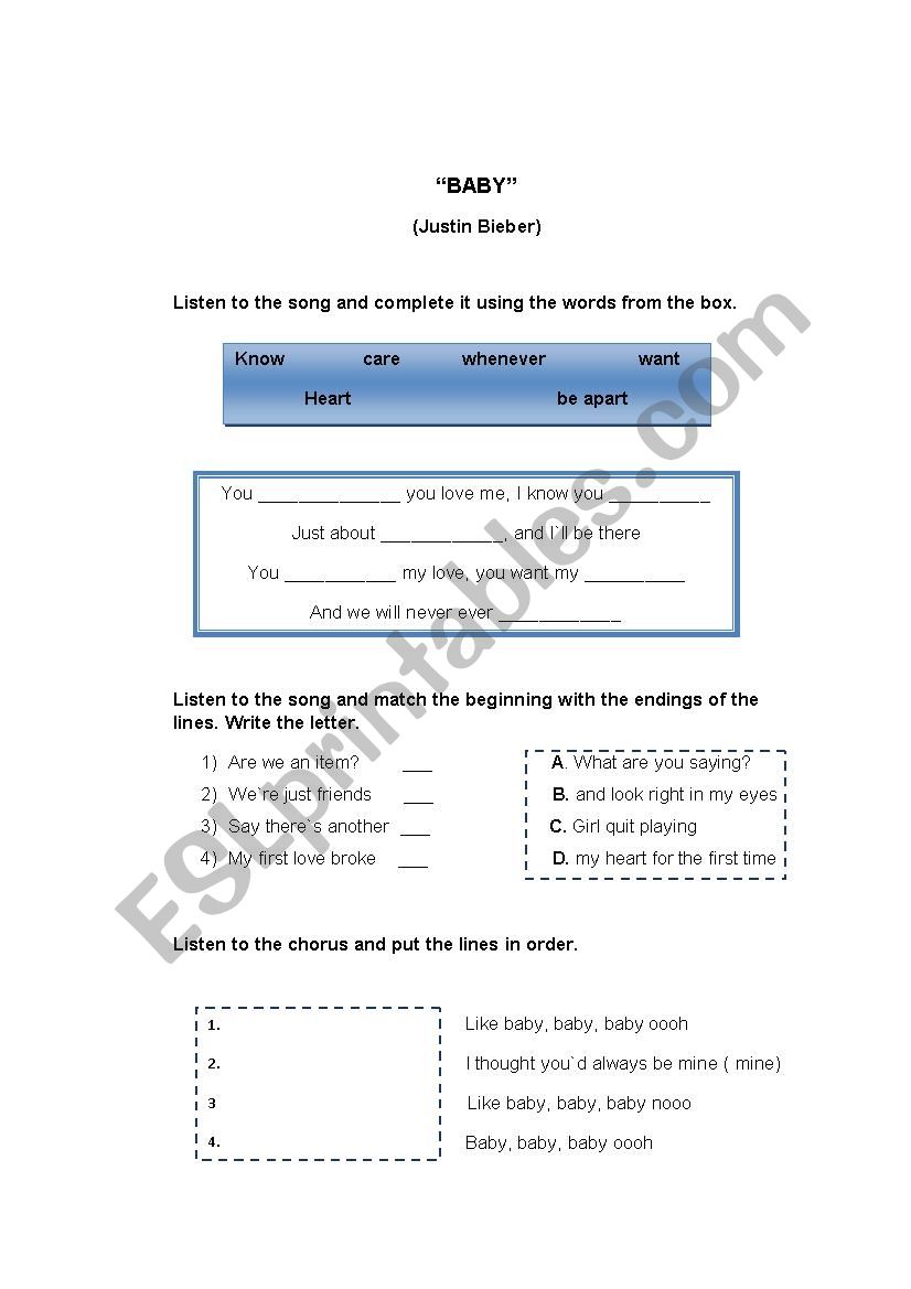 song  worksheet