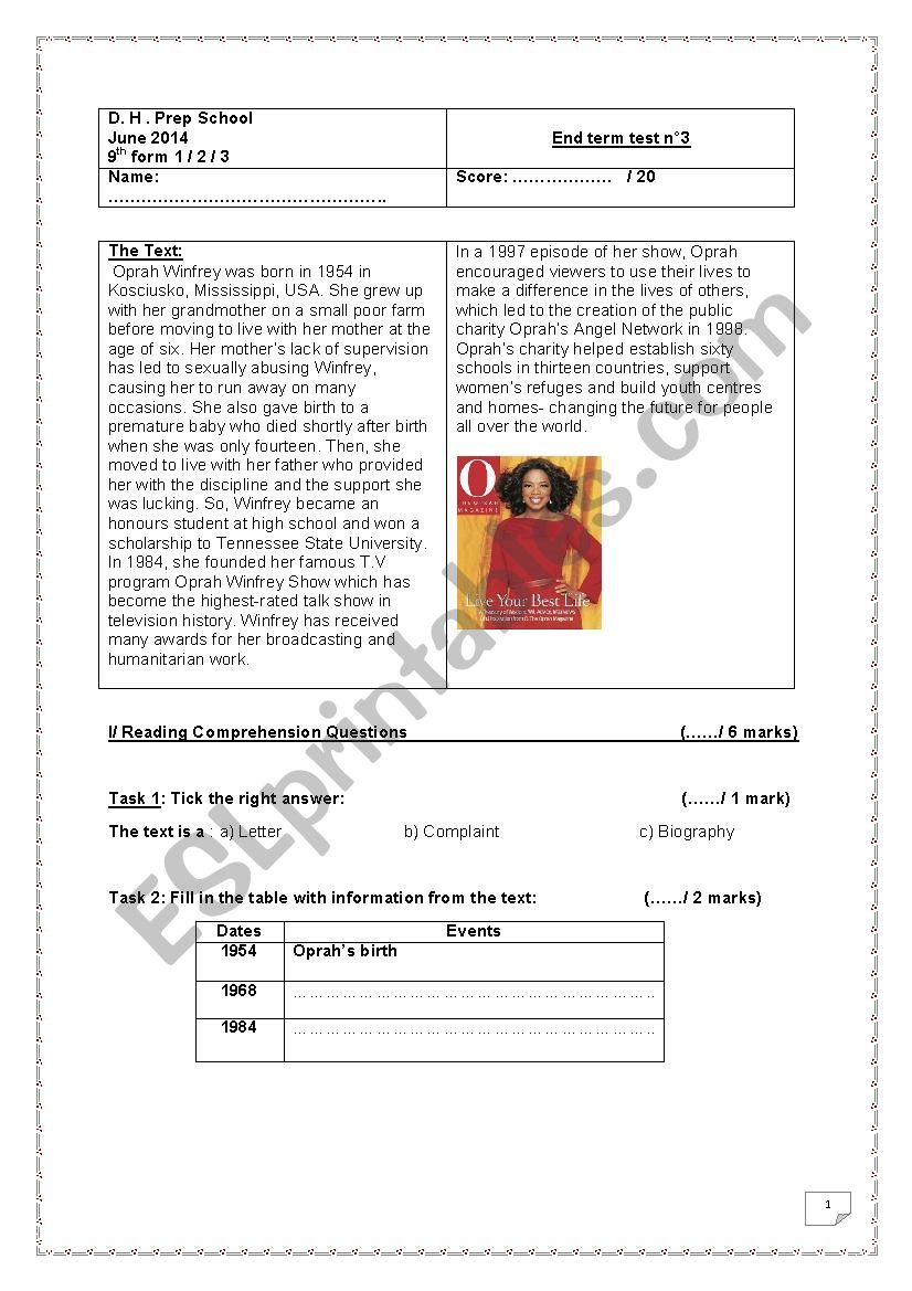 Full term test n3 (9th form) worksheet