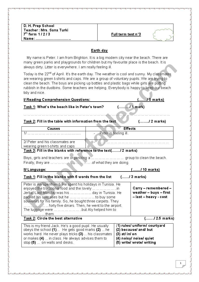 Full term test 3 (7 th form) worksheet