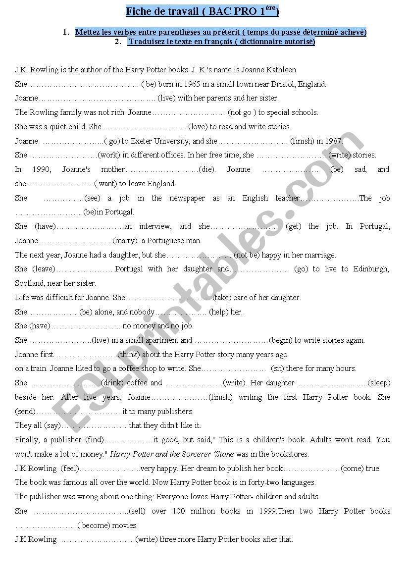 past simple: JK Rowling worksheet