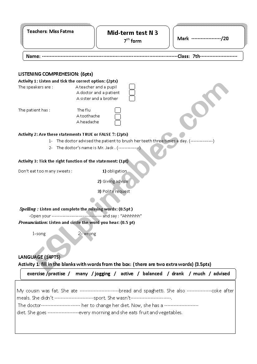 7th form mid term test 3 worksheet