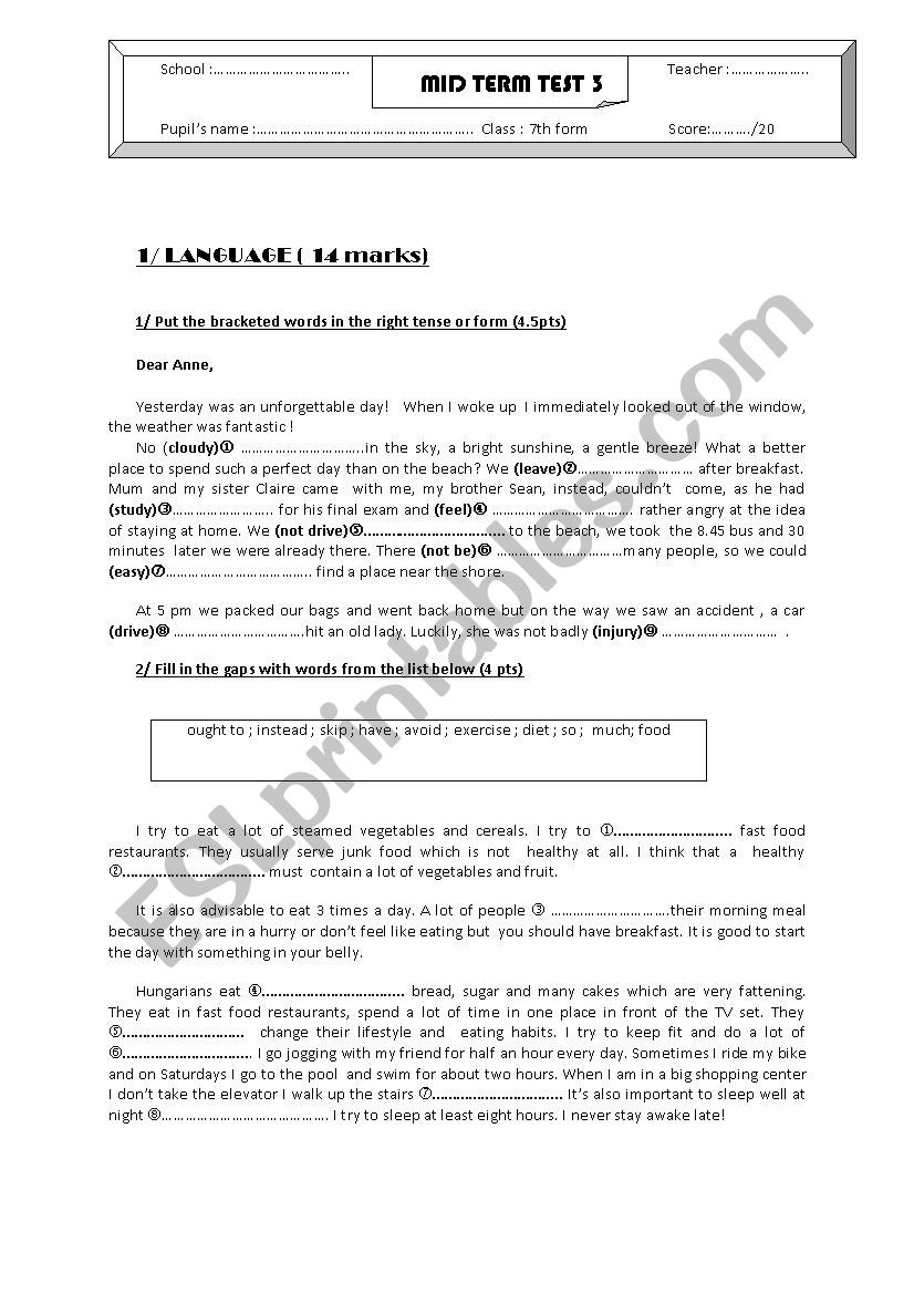 mid term test 3 7th form worksheet