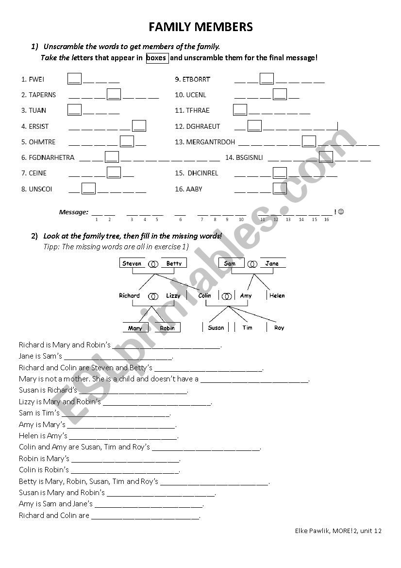 Members of a family worksheet